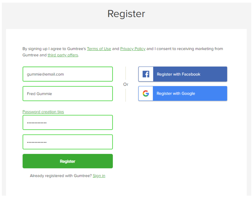 Registration page
